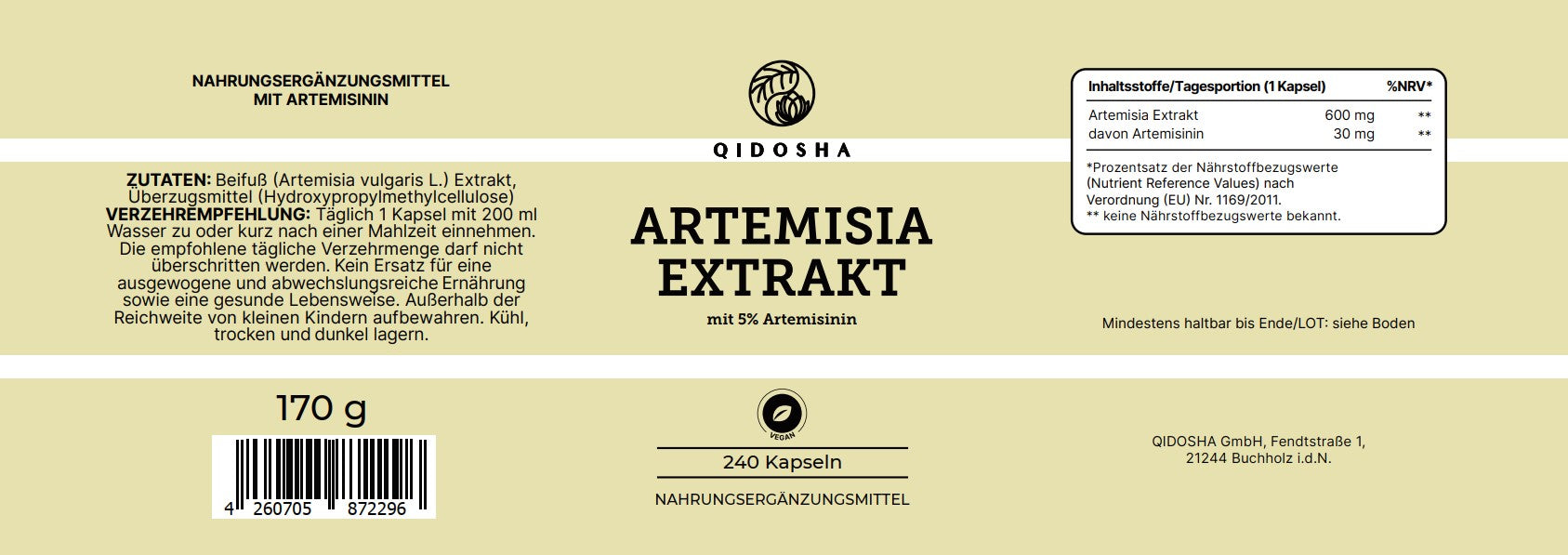 QIDOSHA Artemisia (Beifuß) Extrakt, 240 vegane Kapseln, Premium-Nahrungsergänzungsmittel mit 600 mg Artemisia-Extrakt pro Kapsel, laborgeprüfte Qualität, ohne Füll- oder Zusatzstoffe.