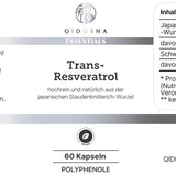 QIDOSHA Essentials Trans-Resveratrol Nahrungsergänzungsmittel, hochreines Pulver aus japanischem Staudenknöterich. Premium, laborgeprüfte Qualität ohne Füllstoffe, 60 Kapseln pro Packung.
