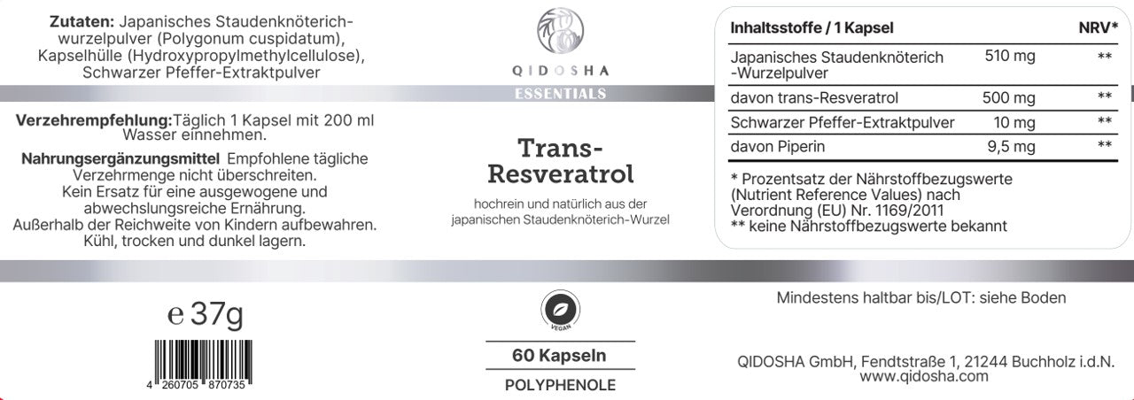 QIDOSHA Essentials Trans-Resveratrol Nahrungsergänzungsmittel, hochreines Pulver aus japanischem Staudenknöterich. Premium, laborgeprüfte Qualität ohne Füllstoffe, 60 Kapseln pro Packung.