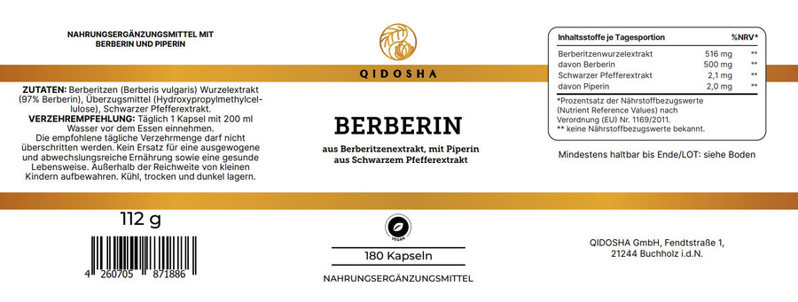 Berberin aus Berberitzenextrakt: Premium-Nahrungsergänzungsmittel von QIDOSHA, 180 vegane Kapseln, laborgeprüfte Qualität, ohne Füllstoffe, mit Berberin und Piperin, hergestellt in Deutschland.