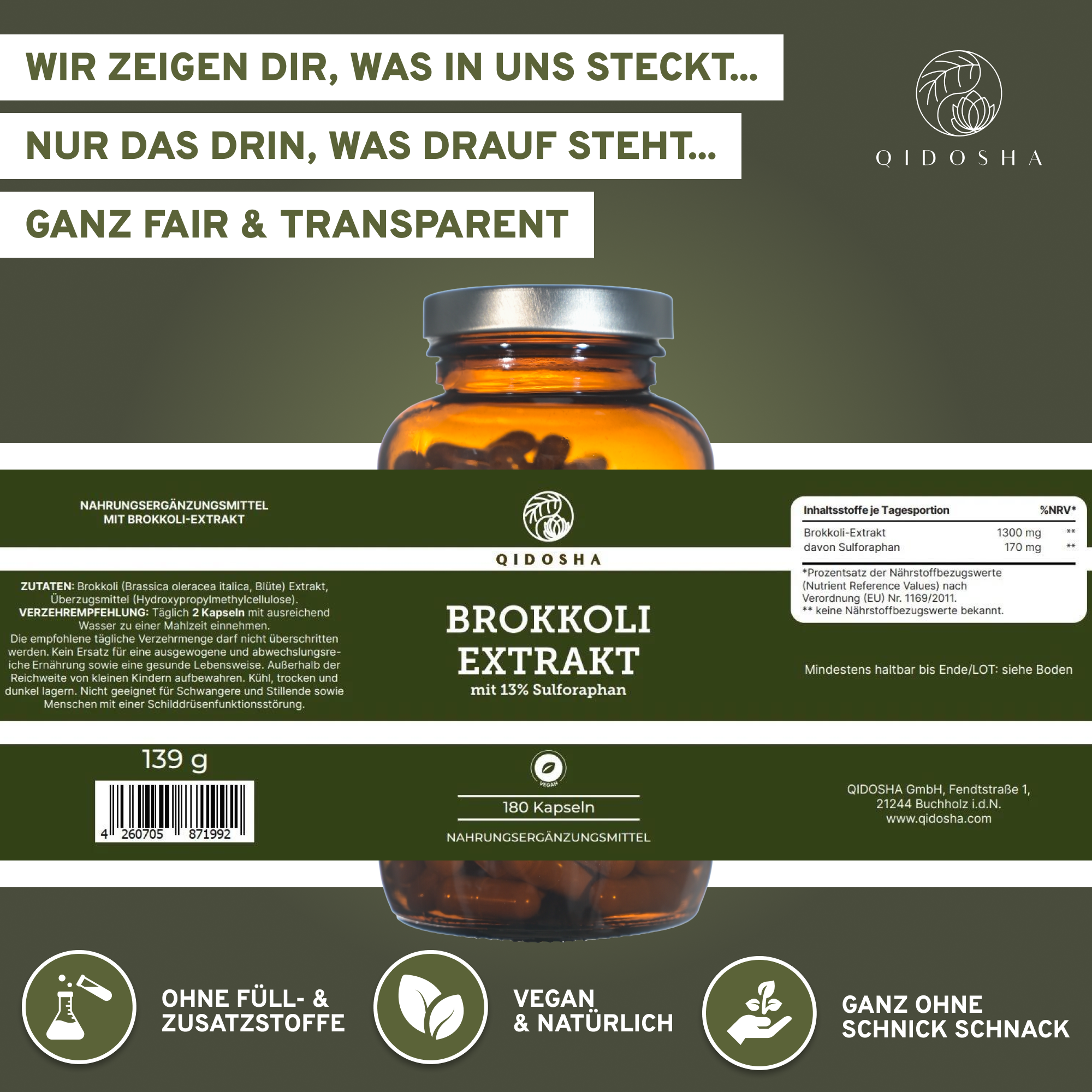 Brokkoli Extrakt mit 13% Sulforaphan, 180 vegane Kapseln von QIDOSHA. Premium, laborgeprüfte Qualität, ohne Füll- oder Zusatzstoffe, in umweltfreundlichem Braunglas verpackt.