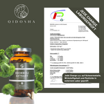 Brokkoli Extrakt mit 13% Sulforaphan im dunklen Glas, umgeben von Brokkoliröschen und Zertifikat. Premium, laborgeprüfte Qualität, ohne Füllstoffe, für drei Monate.