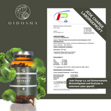 Brokkoli Extrakt mit 13% Sulforaphan im dunklen Glas, umgeben von Brokkoliröschen und Zertifikat. Premium, laborgeprüfte Qualität, ohne Füllstoffe, für drei Monate.