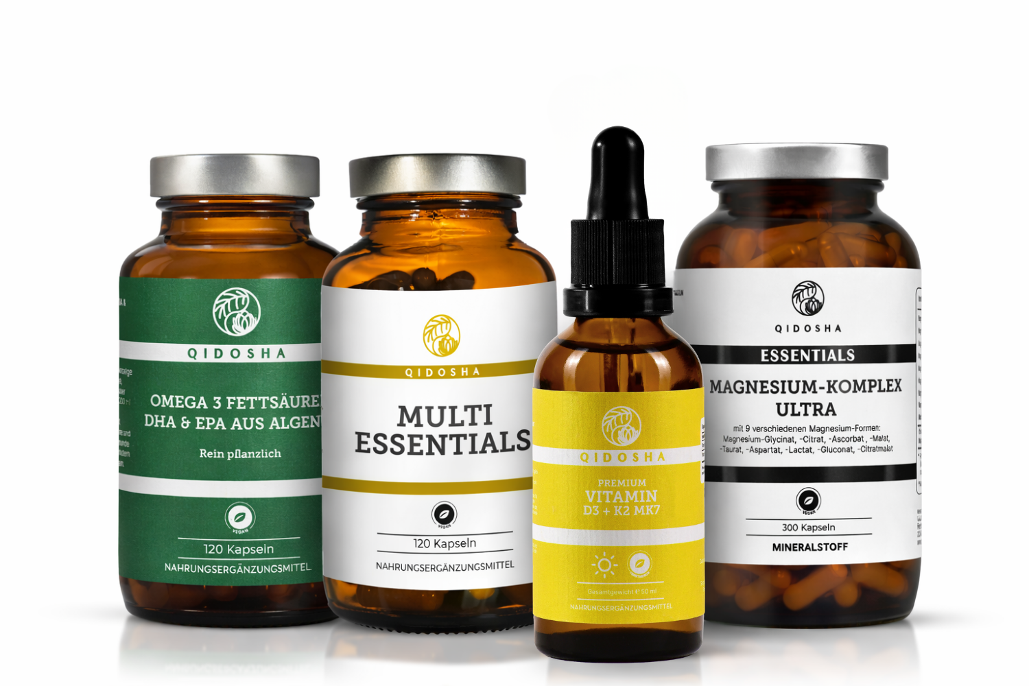 QIDOSHA Daily Essentials Stack: Vier hochwertige, laborgeprüfte Nahrungsergänzungsmittel in Amber-Glas, bieten essentielle Nährstoffe aus Omega-3, Multivitaminen, Vitamin D3+K2 und einem Magnesium-Komplex.
