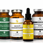 QIDOSHA Daily Essentials Stack: Vier hochwertige, laborgeprüfte Nahrungsergänzungsmittel in Amber-Glas, bieten essentielle Nährstoffe aus Omega-3, Multivitaminen, Vitamin D3+K2 und einem Magnesium-Komplex.