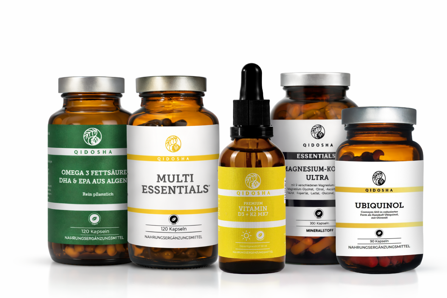 QIDOSHA Daily Essentials Plus Stack, Vorteils-Set, produziert in Deutschland, in Apothekerglas, vegan, laborgeprüft, ohne Füllstoffe.