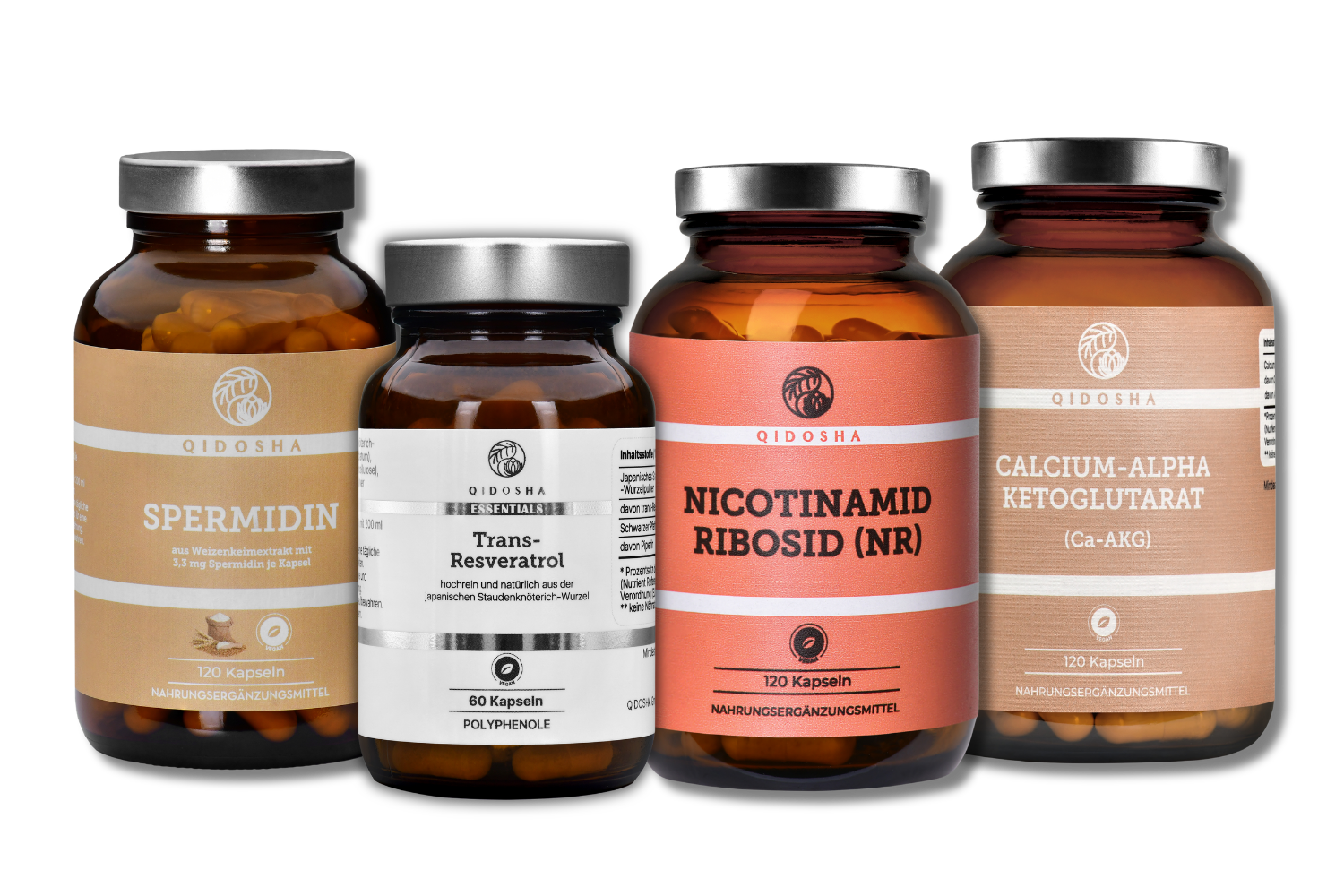 Vier Premium-Nahrungsergänzungsmittel im Cellular Stack von Qidosha: Spermidin, Trans-Resveratrol, Nicotinamid Ribosid, Calcium-Alpha-Ketoglutarat. Hohe Qualität, laborgeprüft, ohne Zusatzstoffe.