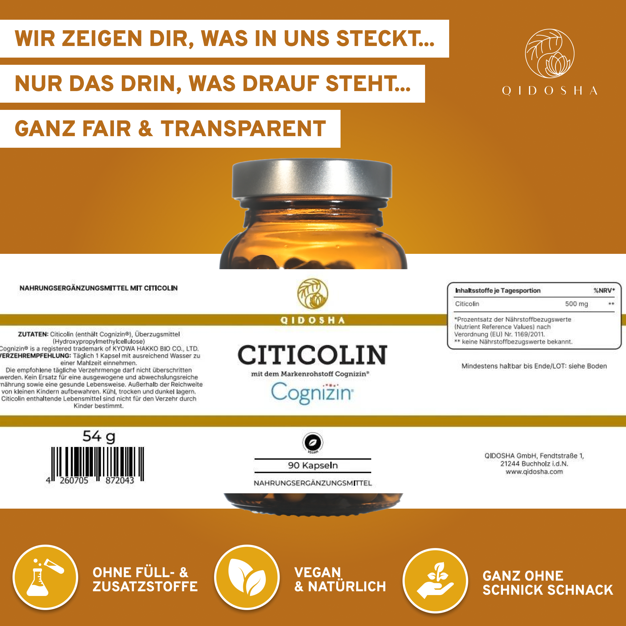 Cognizin® Citicolin von QIDOSHA: Premium-Nahrungsergänzungsmittel in Glas, 90 vegane Kapseln, hohe Reinheit, ohne Füllstoffe, unterstützt kognitive Funktionen und Stoffwechsel, laborgeprüft.