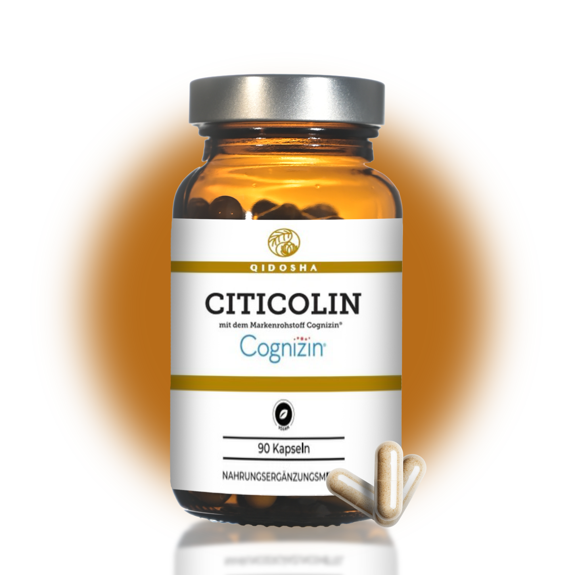 Cognizin® Citicolin Premium-Kapseln, 90 Stück im braunen Glas, vegan, laborgeprüft, ohne Zusatzstoffe, zur Unterstützung von Gedächtnis und Leberfunktion, produziert in Deutschland.