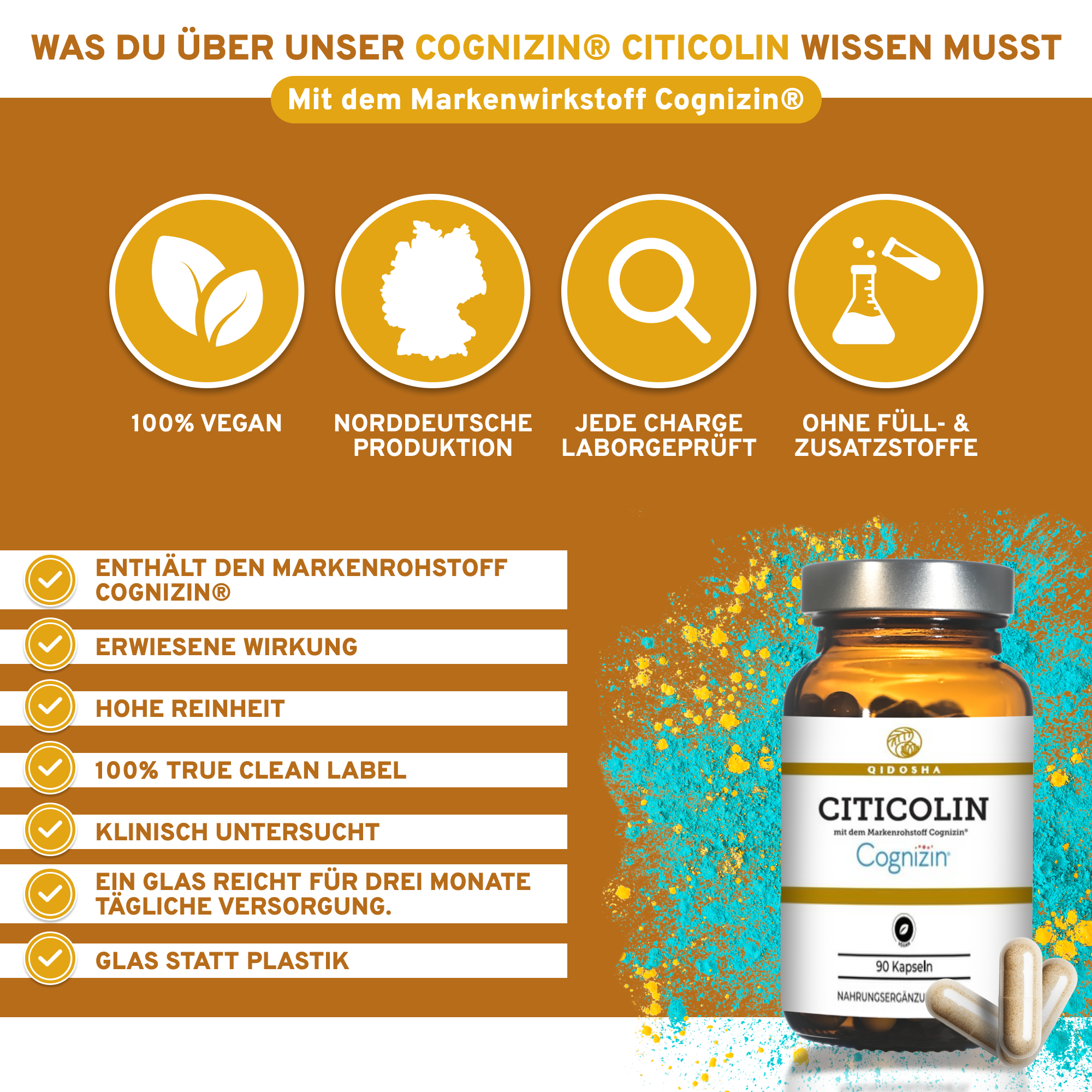 Cognizin® Citicolin, Premium-Nahrungsergänzungsmittel, 90 Kapseln in Glasflasche. 100% vegan, laborgeprüft, ohne Füllstoffe, hergestellt in Deutschland. Dreimonatsvorrat für kognitive Funktionen.