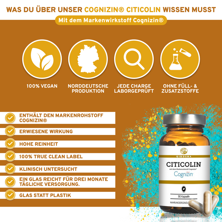 Cognizin® Citicolin, Premium-Nahrungsergänzungsmittel, 90 Kapseln in Glasflasche. 100% vegan, laborgeprüft, ohne Füllstoffe, hergestellt in Deutschland. Dreimonatsvorrat für kognitive Funktionen.