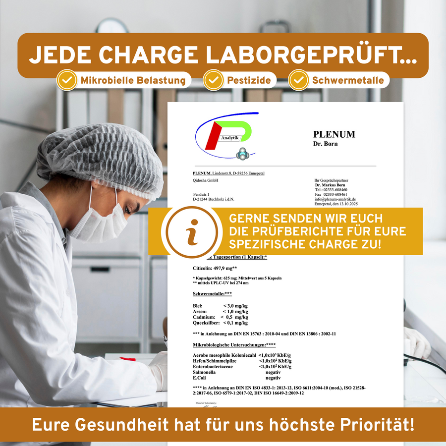 Cognizin® Citicolin-Kapseln: Premium-Laborgeprüft auf Mikrobiologie, Pestizide, Schwermetalle. Hochdosiert, hohe Bioverfügbarkeit, ohne Füllstoffe, True Clean Label, hergestellt in Deutschland.
