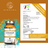 Cognizin® Citicolin in einem hochwertigen, laborgeprüften Glasbehälter. Enthält 90 vegane Kapseln, ohne Füllstoffe. Zertifikat zeigt reine, geprüfte Qualität und Sicherheit.