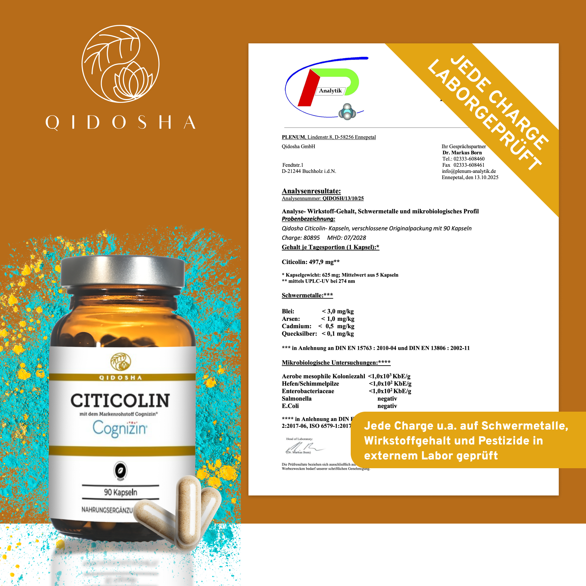 Cognizin® Citicolin in einem hochwertigen, laborgeprüften Glasbehälter. Enthält 90 vegane Kapseln, ohne Füllstoffe. Zertifikat zeigt reine, geprüfte Qualität und Sicherheit.