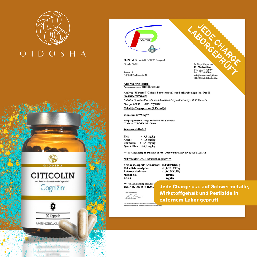Cognizin® Citicolin in einem hochwertigen, laborgeprüften Glasbehälter. Enthält 90 vegane Kapseln, ohne Füllstoffe. Zertifikat zeigt reine, geprüfte Qualität und Sicherheit.