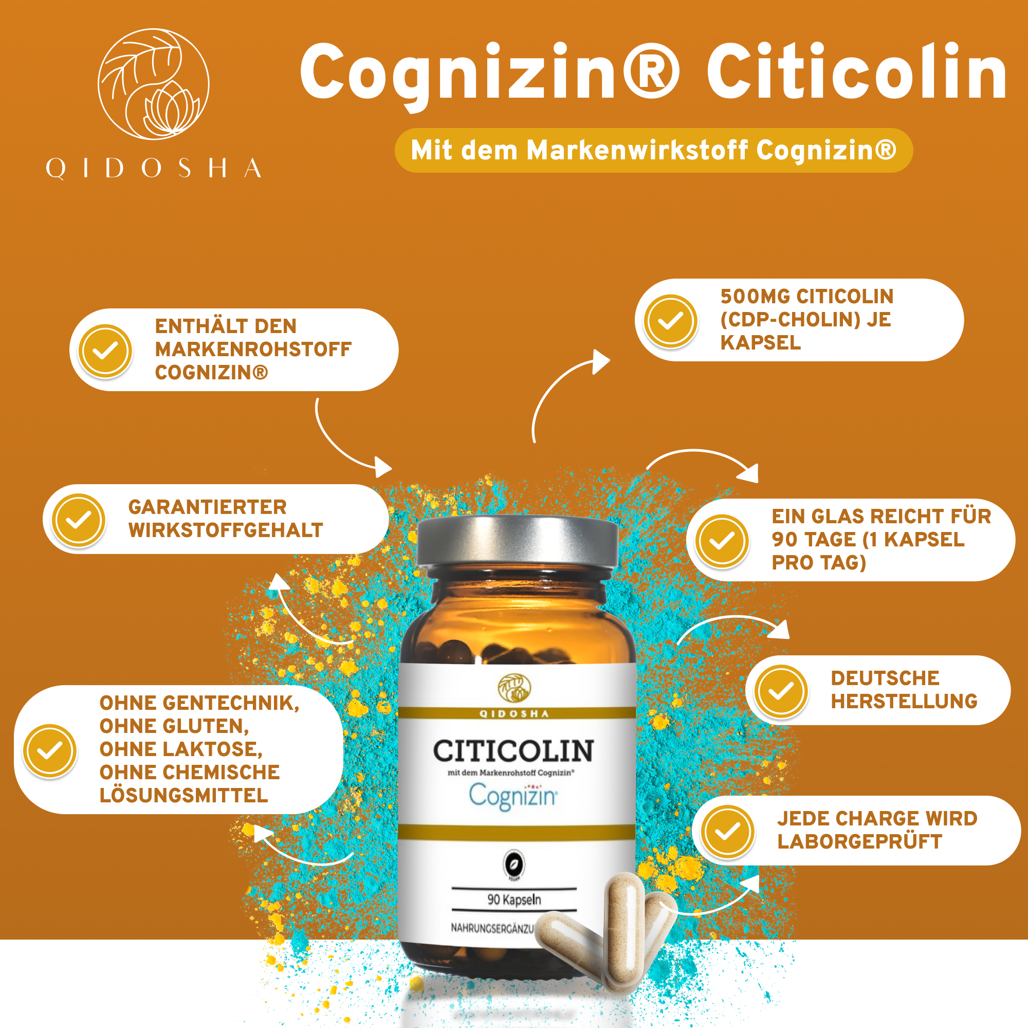 Cognizin® Citicolin von QIDOSHA: Premium-Nahrungsergänzungsmittel, 90 vegane Kapseln, 500mg Citicolin pro Kapsel, laborgeprüft, ohne Zusatzstoffe, nachhaltige Glasverpackung, hergestellt in Deutschland.