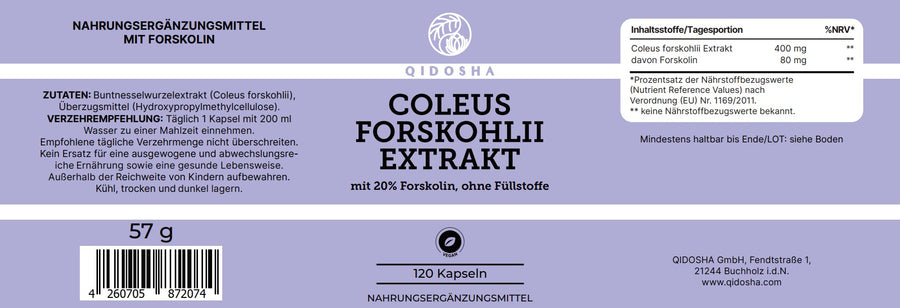 Coleus Forskohlii Extrakt mit 20% Forskolin, 120 vegane Kapseln von Qidosha, ohne Füllstoffe, in nachhaltigem Glas, laborgeprüfte Premium-Qualität, ayurvedisches Nahrungsergänzungsmittel.