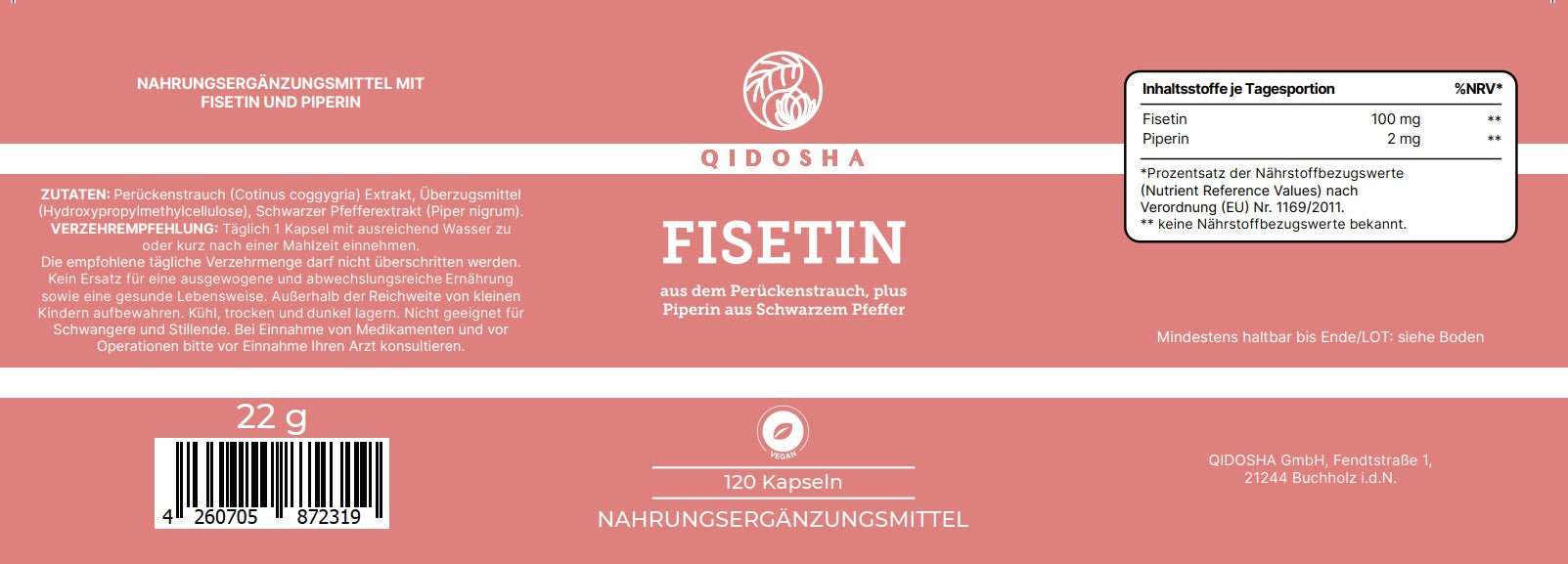 QIDOSHA Fisetin - ab Dezember 2025 verfügbar: Premium-Nahrungsergänzungsmittel mit Fisetin und Piperin. 120 vegane Kapseln, laborgeprüfte Qualität, ohne Zusatzstoffe. Empfohlene Einnahme: 1 Kapsel täglich.