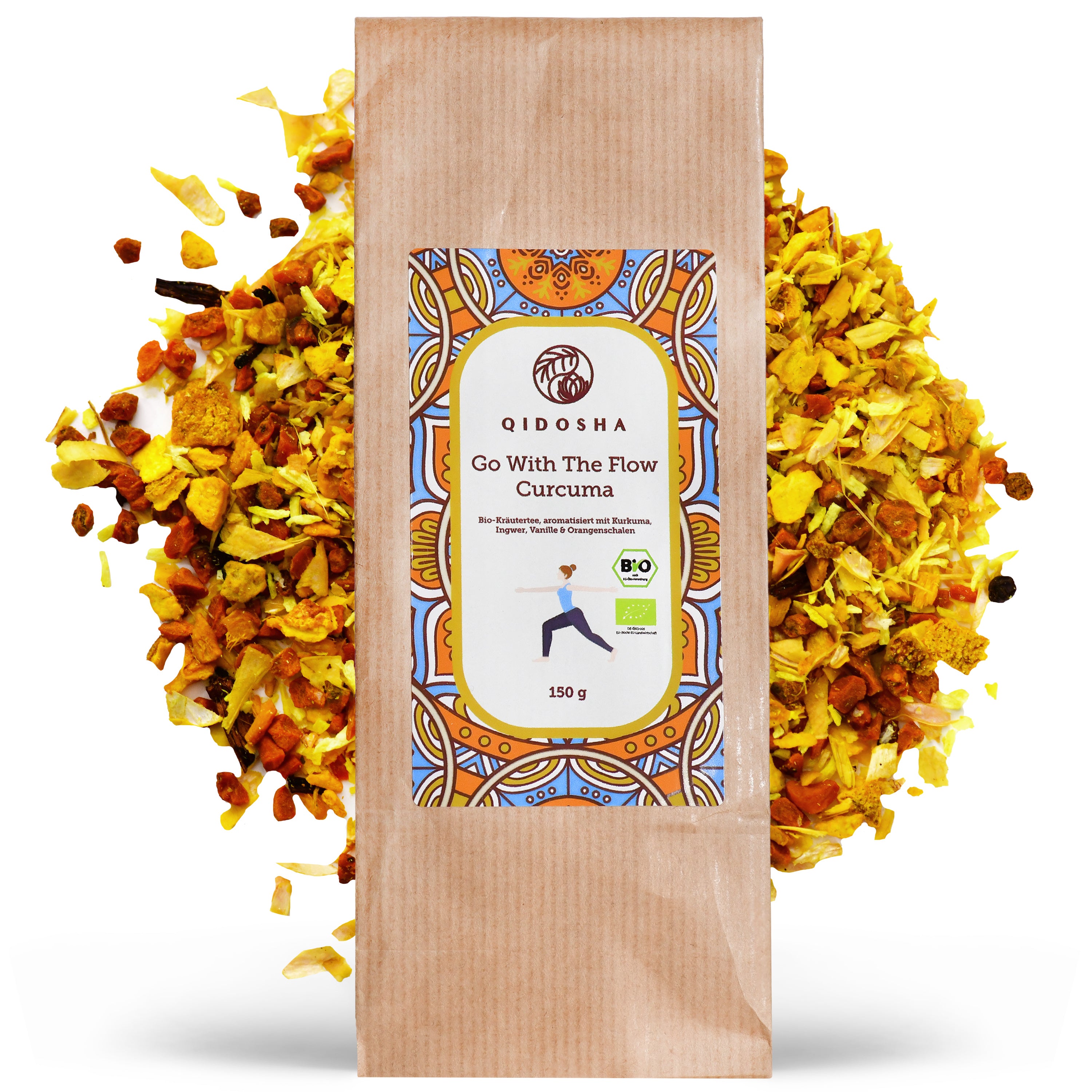 Bio Kräutertee Go With The Flow Curcuma in 150 g Kraftpapierbeutel, Premiumqualität mit Kurkuma, Ingwer, Vanille, Orangenschalen; hochwertige, laborgeprüfte Mischung ohne Zusatzstoffe.