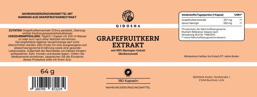 Grapefruitkernextrakt von QIDOSHA: 180 vegane Kapseln mit 98% Naringin, laborgeprüfte Qualität, ohne Füllstoffe, für Premium-Nahrungsergänzung. Empfohlene Einnahme: 1 Kapsel täglich.