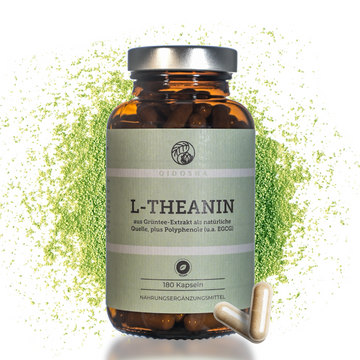 L-Theanin & EGCG aus Grüntee-Extrakt: Premium, vegane Kapseln mit hoher Reinheit und laborgeprüfter Qualität, ohne Zusatzstoffe, in nachhaltigem Glasbehälter.