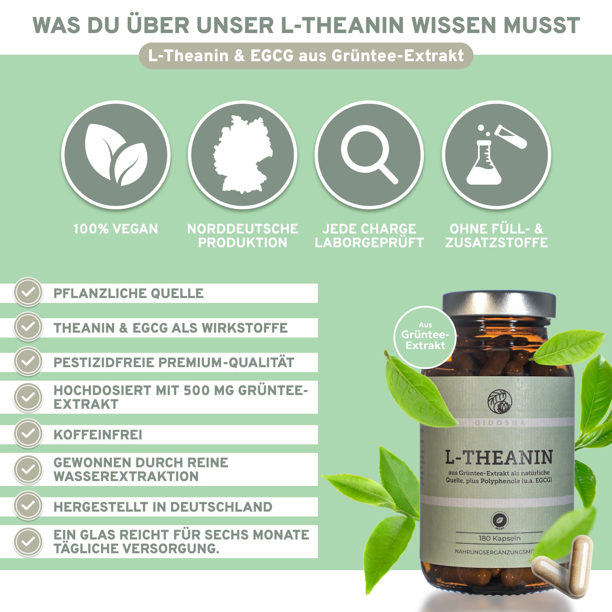 L-Theanin & EGCG aus Grüntee-Extrakt: Premium, laborgeprüftes, veganes Nahrungsergänzungsmittel ohne Füll- oder Zusatzstoffe, hergestellt in Deutschland, 180 Kapseln in nachhaltigem Glas.