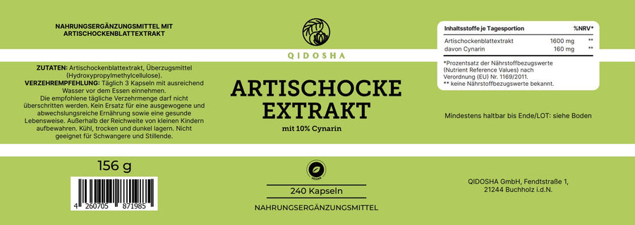 Artischockenextrakt mit 10% Cynarin von QIDOSHA, 240 vegane Kapseln im lichtgeschützten Braunglas. Premium, laborgeprüfte Qualität, ohne Füllstoffe, für Leber und Entgiftung.