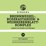 Vorder- und Rückansicht des QIDOSHA Premium-Komplexes aus Brennnessel, Rosskastanie, Weinrebenblatt plus Kupfer und Mangan, 120 vegane Kapseln, hohe Qualität, ohne Zusatzstoffe.