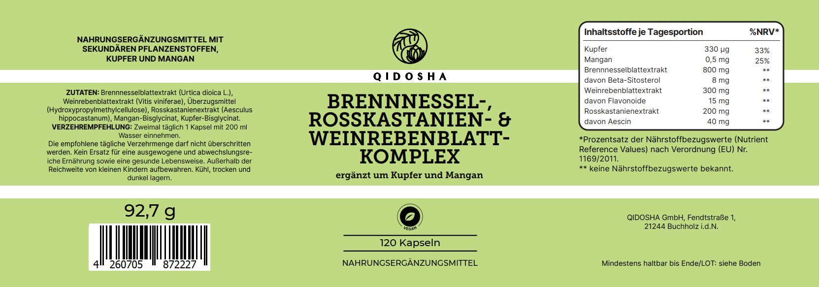 Vorder- und Rückansicht des QIDOSHA Premium-Komplexes aus Brennnessel, Rosskastanie, Weinrebenblatt plus Kupfer und Mangan, 120 vegane Kapseln, hohe Qualität, ohne Zusatzstoffe.