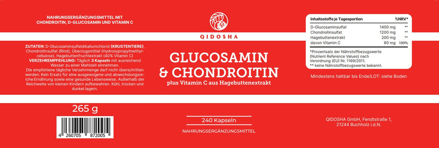 Glucosamin & Chondroitin plus Vitamin C, 240 Premium-Kapseln für Gelenkgesundheit, laborgeprüft und ohne Füllstoffe, in lichtgeschütztem Braunglas von QIDOSHA.