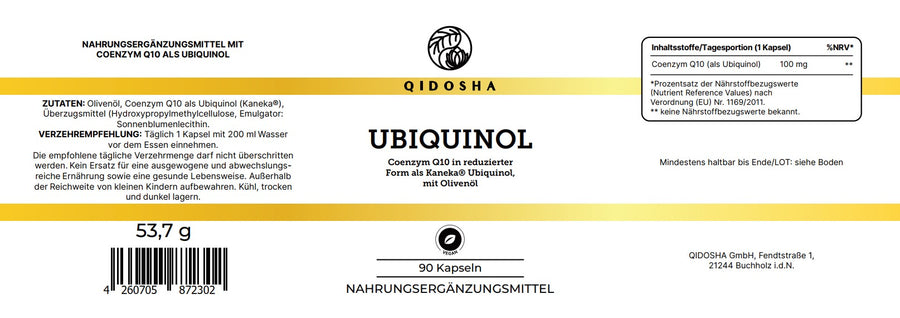 Coenzym Q10 als Ubiquinol von KANEKA, 90 vegane Kapseln, Premium-Nahrungsergänzungsmittel, hohe Bioverfügbarkeit, ohne Füllstoffe, in nachhaltigem Glas, laborgeprüfte Qualität.