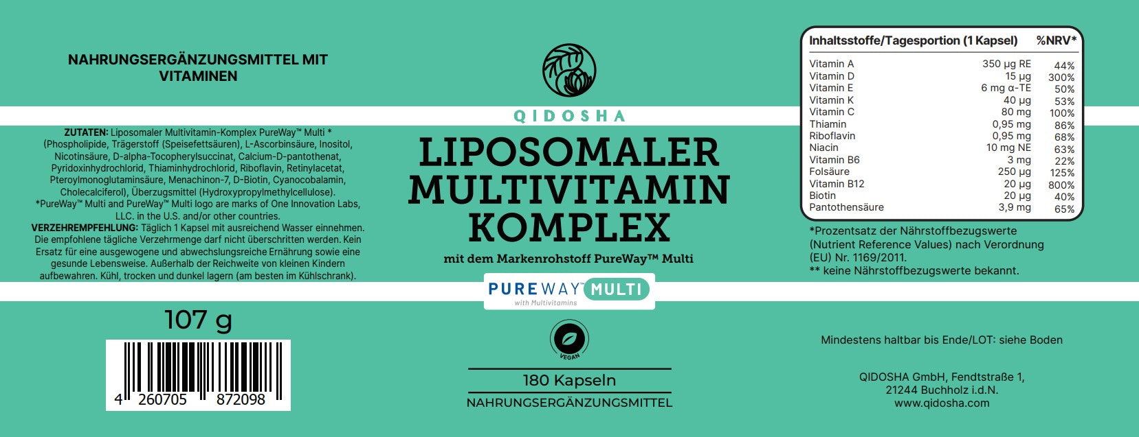 QIDOSHA Liposomaler Multivitamin-Komplex mit PureWay™ MULTI, 180 vegane Kapseln, Premium-Qualität, echte liposomale Formulierung, laborgeprüft, ohne Füllstoffe, hohe Bioverfügbarkeit.