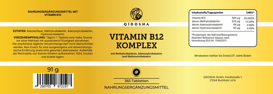 Vitamin B12 Komplex von QIDOSHA, Premium-Nahrungsergänzungsmittel, vegan, 365 Tabletten, enthält Methylcobalamin, Adenosylcobalamin und Hydroxocobalamin, laborgeprüft ohne Füll- oder Zusatzstoffe.
