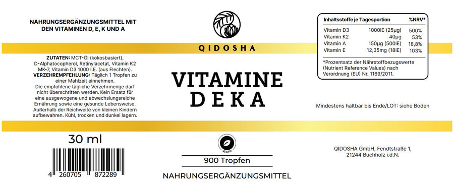 VITAMINE DEKA von QIDOSHA: Premium-Nahrungsergänzungsmittel mit D, E, K, A in MCT-Öl. Vegan, laborgeprüft, ohne Zusatzstoffe, ab Dezember 2025 verfügbar.