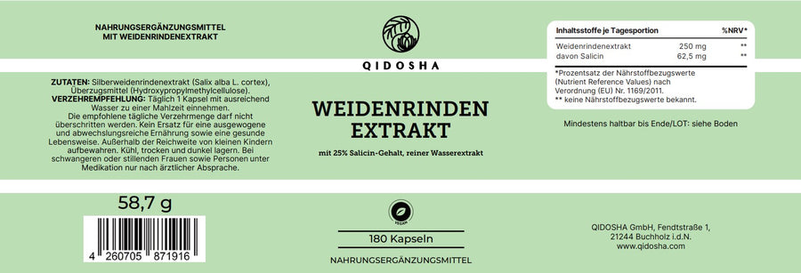 Weidenrinden-Extrakt von QIDOSHA: Premium-Nahrungsergänzungsmittel, vegan, 180 Kapseln, 25 % Salicingehalt. Ohne Füllstoffe, laborgeprüfte Qualität, ideal bei Mahlzeiten.