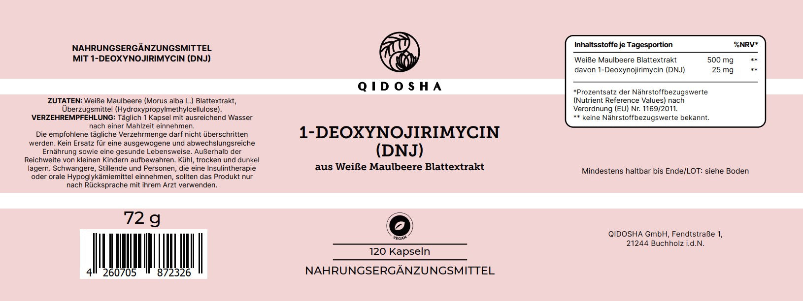 Weisse Maulbeere Extrakt mit 5% 1-Deoxynojirimycin (DNJ) von QIDOSHA, 120 vegane Kapseln, laborgeprüfte Premium-Qualität ohne Füllstoffe, in nachhaltigem Apothekerglas.