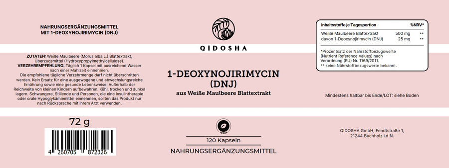Weisse Maulbeere Extrakt mit 5% 1-Deoxynojirimycin (DNJ) von QIDOSHA, 120 vegane Kapseln, laborgeprüfte Premium-Qualität ohne Füllstoffe, in nachhaltigem Apothekerglas.