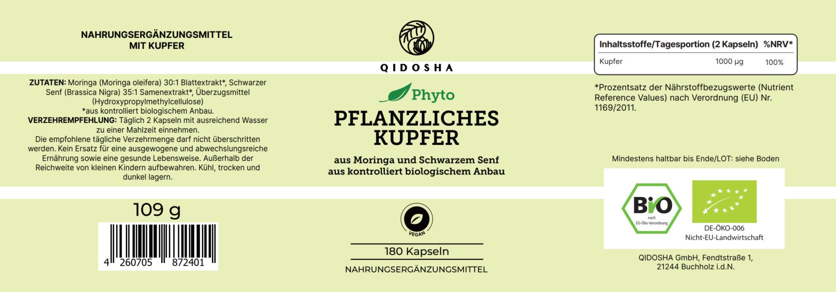 Kupfer (pflanzlich) aus Bio Moringa & Bio Schwarzem Senf, 180 Kapseln, vegan, laborgeprüfte Premium-Qualität, ohne Füll- oder Zusatzstoffe, hergestellt in Deutschland.