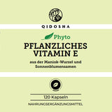Premium-QIDOSHA Vitamin E Kapseln, pflanzlich aus Bio-Maniok-Wurzel und Bio-Sonnenblumenkernen, 120 Stück, hohe Qualität, vegan, laborgeprüft, ohne Füllstoffe, in nachhaltigem Glas.