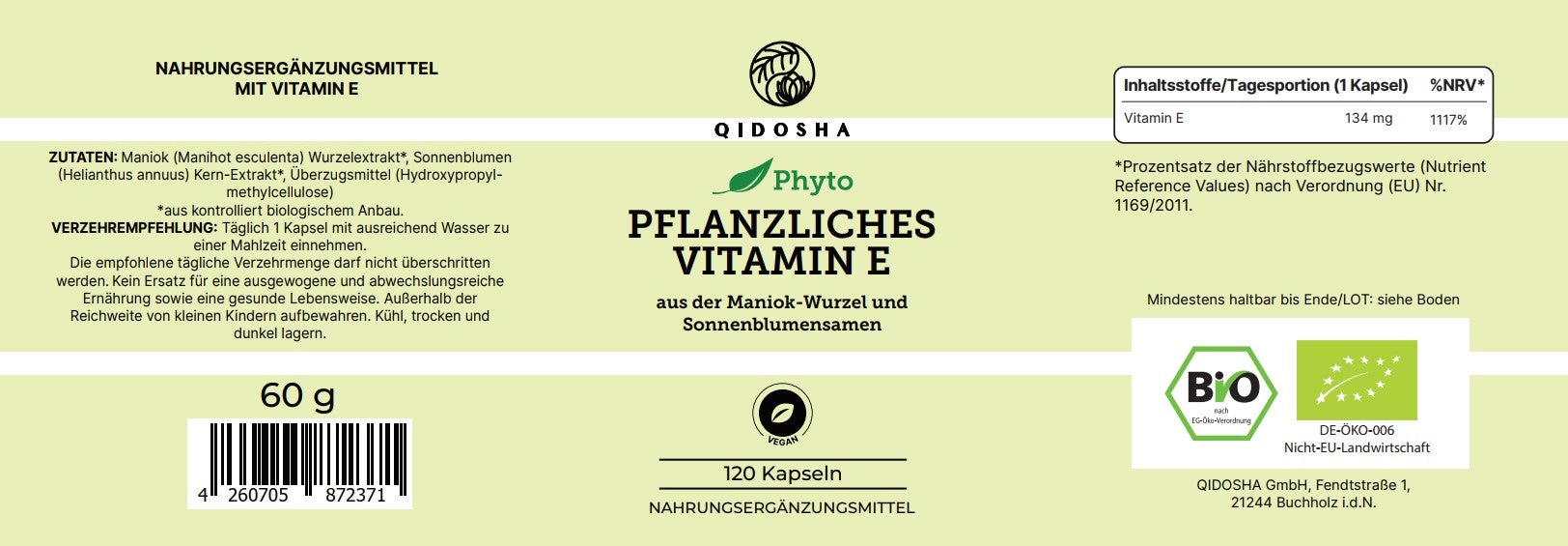 Premium-QIDOSHA Vitamin E Kapseln, pflanzlich aus Bio-Maniok-Wurzel und Bio-Sonnenblumenkernen, 120 Stück, hohe Qualität, vegan, laborgeprüft, ohne Füllstoffe, in nachhaltigem Glas.