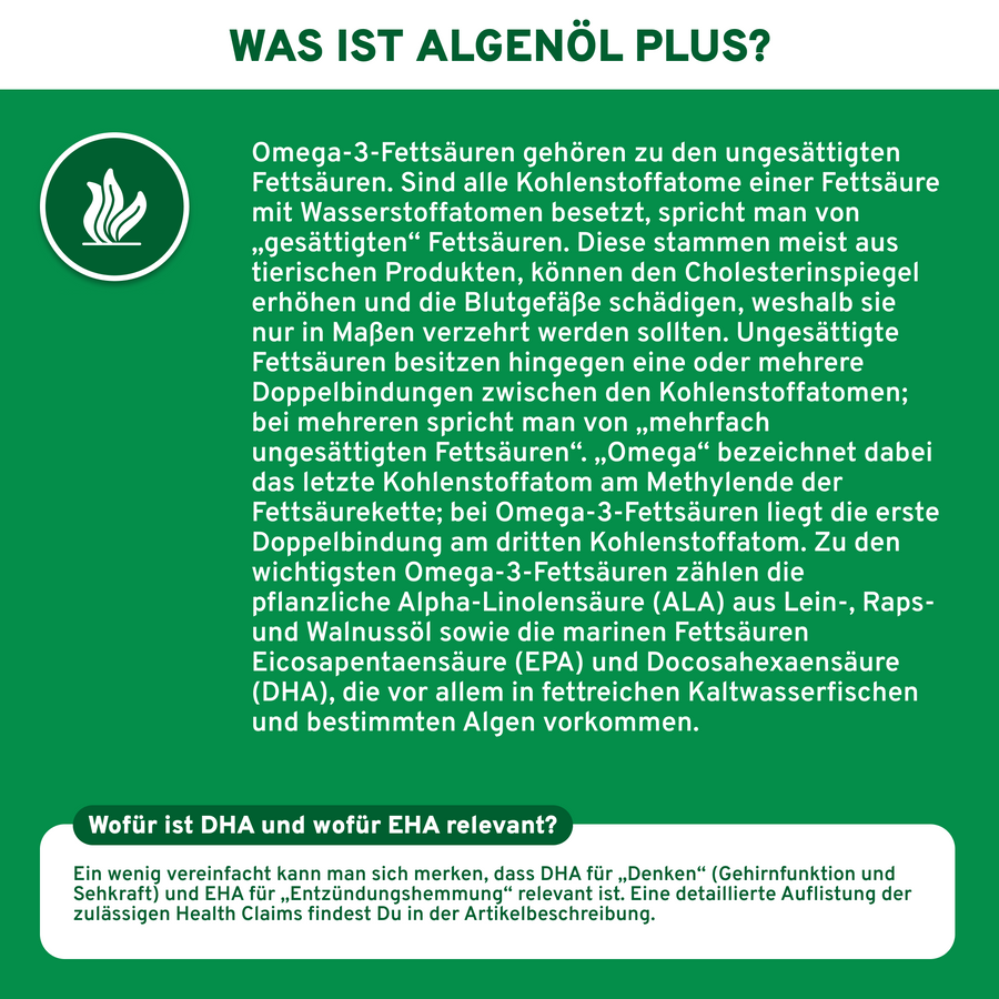 Algenöl Plus: Premium Omega-3-Fettsäuren aus veganer Quelle, ergänzt um Vitamine D & K. Hohe Qualität, laborgeprüft, ohne Füllstoffe für optimale Gesundheit.