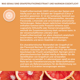 Grapefruitkernextrakt-Infografik: Erklärt Gewinnung und Inhaltsstoffe, betont Naringin als Hauptbestandteil. Produkt bietet 357mg Premium-Extrakt pro Kapsel, laborgeprüfte Qualität, ohne Zusatzstoffe.
