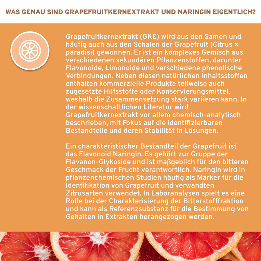 Grapefruitkernextrakt-Infografik: Erklärt Gewinnung und Inhaltsstoffe, betont Naringin als Hauptbestandteil. Produkt bietet 357mg Premium-Extrakt pro Kapsel, laborgeprüfte Qualität, ohne Zusatzstoffe.