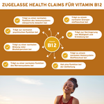 Vitamin B12 Komplex Tabletten Infografik: Premium, laborgeprüfte Qualität, synergistischer B12-Komplex, unterstützt Energiestoffwechsel, Immunsystem, Nervensystem, Zellteilung, reduziert Müdigkeit. Vegan, ohne Zusatzstoffe, in Glasverpackung.