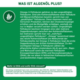 Algenöl Plus: Omega-3-Fettsäuren aus veganer Quelle mit Vitaminen D und K, Premium, laborgeprüfte Qualität, ohne Zusatzstoffe, in nachhaltiger Glasverpackung.