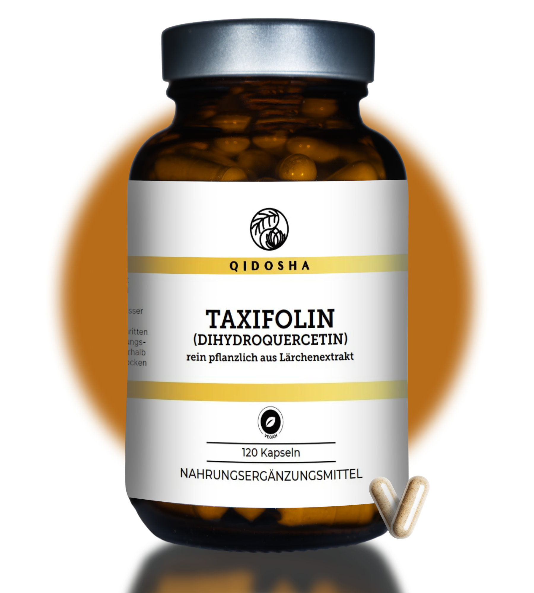 QIDOSHA Taxifolin (Dihydroquercetin) in braunem Glas, 120 vegane Kapseln. Premium-Lärchenextrakt, ohne Zusatzstoffe, laborgeprüft, nachhaltige Verpackung. Hochwertiges Nahrungsergänzungsmittel.
