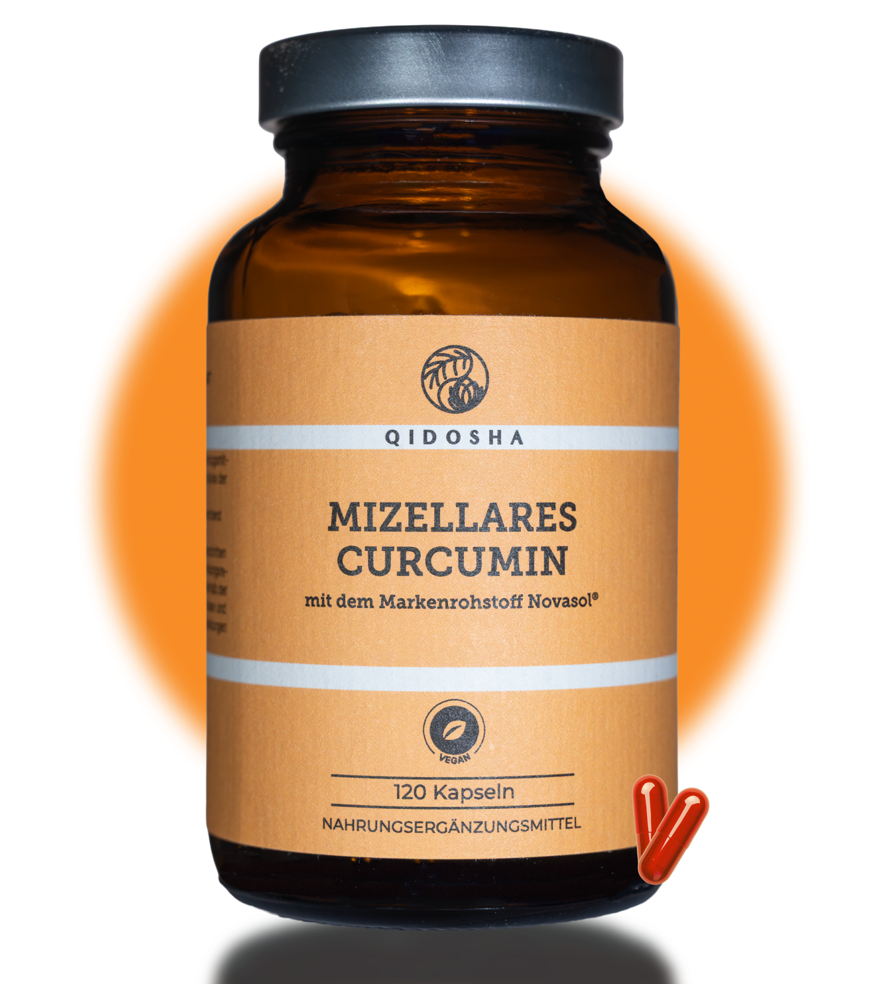 QIDOSHA Premium Nahrungsergänzungsmittel: Novasol® Curcumin in Mizellform, vegan, 120 Kapseln. Apotheker-Braunglas. Hohe Bioverfügbarkeit, laborgeprüfte Qualität, ohne Füll- oder Zusatzstoffe.