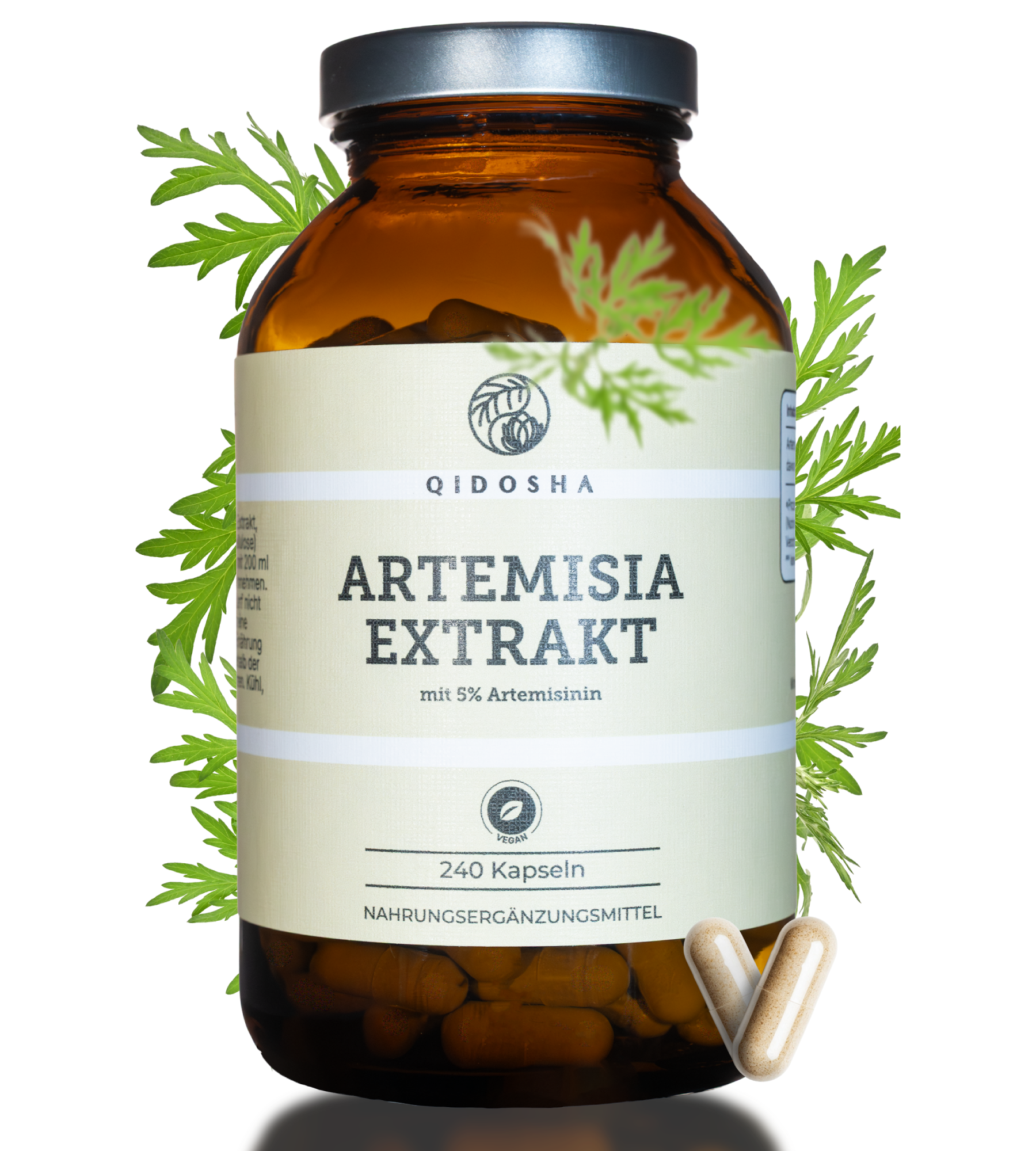 Braunes Glas mit Etikett QIDOSHA ARTEMISIA EXTRAKT, 240 vegane Kapseln, 5% Artemisinin, laborgeprüfte Qualität, ohne Zusatzstoffe, premium Nahrungsergänzungsmittel in nachhaltiger Verpackung.
