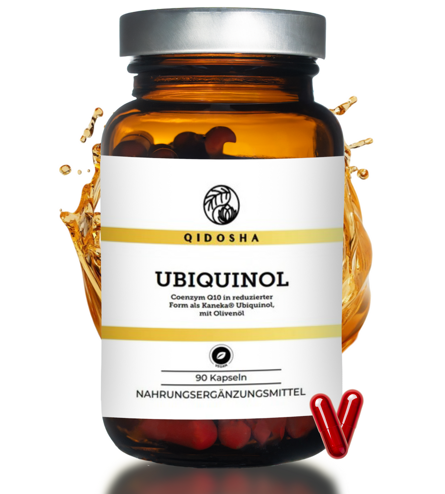 Braunes Glas mit silbernem Deckel, 90 rote QIDOSHA Ubiquinol-Kapseln, Premium-Nahrungsergänzungsmittel mit Kaneka® Ubiquinol, hohe Bioverfügbarkeit, laborgeprüfte Qualität, ohne Zusatzstoffe.