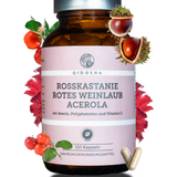 QIDOSHA Premium-Glas mit 120 veganen Kapseln, Rosskastanie, Rotes Weinlaub, Acerola; enthält Aescin, Polyphenole, Vitamin C; ohne Füllstoffe, laborgeprüfte Qualität.